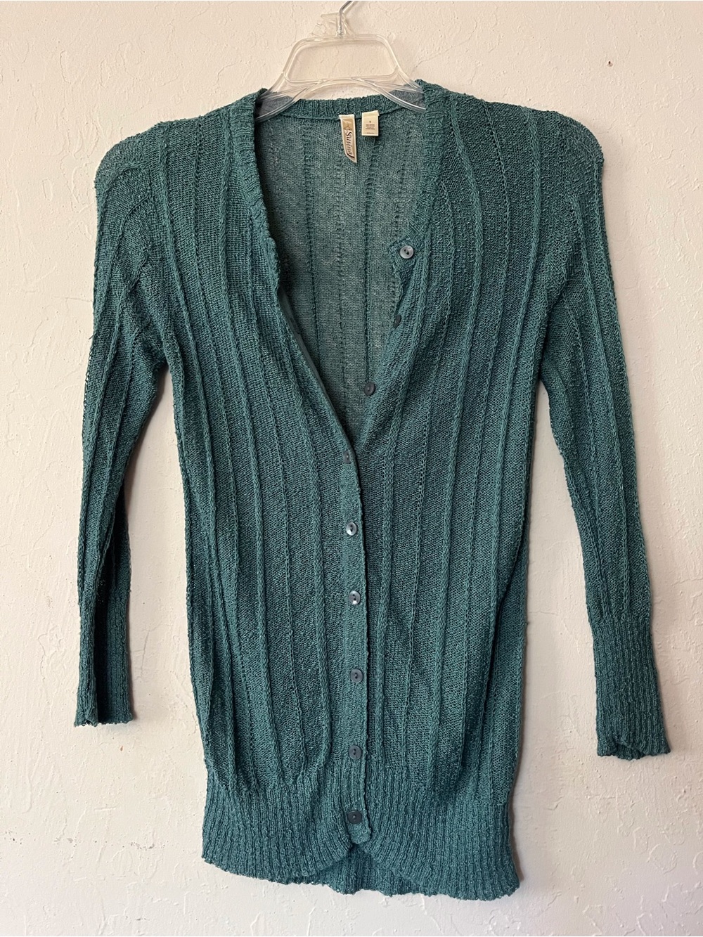 Susina Long Ribbed Button-Front Cardigan - Teal Green